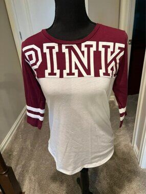 PINK Victoria's Secret Maroon and White Raglan Crewneck Top